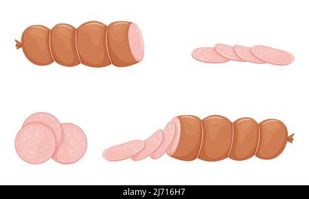 Set aus rosafarbenen gekochten Wurstwaren, ganze Wurst, halb, in Scheiben geschnitten. Essen, Fertigfleischgericht. Flacher Style. Farbvektordarstellung isoliert auf einem Whit Stock Vektor