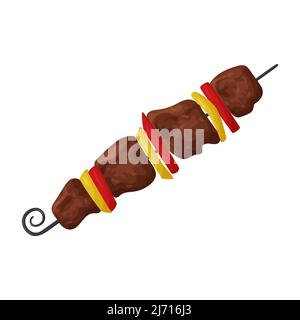 Shish Kebab auf einem Spieß. Gekochtes Schweinebraten mit Gemüse. Kaukasische Küche. Fertiggerichte. Flache Cartoon-Vektor-Illustration isoliert auf einem wh Stock Vektor