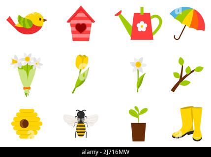 Eine Reihe von Ikonen zum Thema Frühling, Sommer. Insekten, Vögel, Tulpen, Wetter, Vogelhaus. Farb-Vektor-Illustrationen im Cartoon-Stil. Isoliert auf einem Stock Vektor