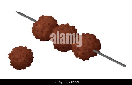 Fleischbällchen auf einem Spieß gebraten. Essen, Fertigfleischgericht. Flacher Cartoon-Stil. Auf weißem Hintergrund isolierte Darstellung von Farbvektoren. Stock Vektor