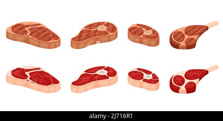 Eine Reihe von Fleischstücken. Frisch und gegrillt. Knöchel, Schulterblatt, fettes rotes Fleisch. Schwein, Rind, Lamm. Flache Cartoon-Vektor-Illustration isoliert auf einem wh Stock Vektor