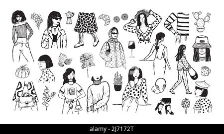Vector Mode-Set von Illustrationen von Mädchen in modischen modernen Kleidung und Objekte des täglichen Lebens. Modisches, minimalistisches Poster. Stock Vektor