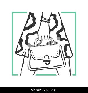 Vector Mode Illustration eines Mädchens in einem trendigen ausgestellten Rock mit einem abstrakten Muster und einer kleinen Handtasche in der Hand. Lässige Mode. Stock Vektor