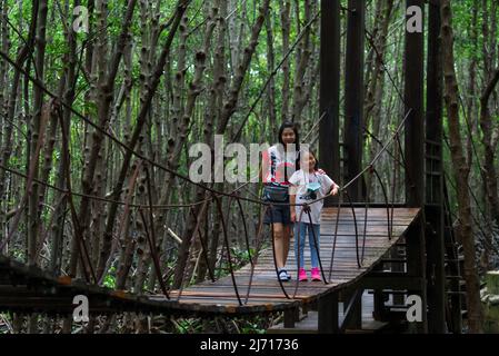 Porträt einer asiatischen Mutter mittleren Alters und einer kleinen Tochter stehen auf der hängenden Holzbrücke im Mangrovenwald in der Khung Kraben Bay of Chanthaburi, Thai Stockfoto