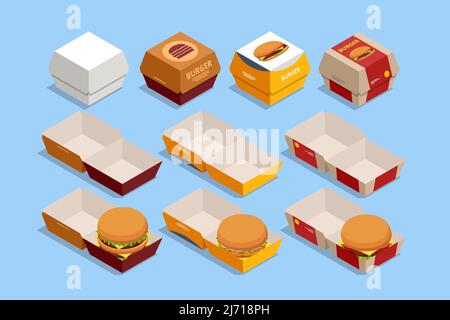 Isometrischer Burger, Hamburger in roten und beigen Papierkartons für Burger. Ansicht von oben und vorne isoliert auf weißem Hintergrund Stock Vektor