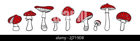 Fly-Agaric-Kollektion. Handgezeichnetes Amanita-Set. Doodle Pilze auf weißem Hintergrund. Vektorgrafik. Stock Vektor