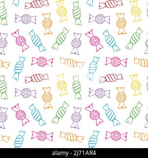 Nahtloses Candy-Muster. Umreißen Sie farbige Süßigkeiten auf weißem Hintergrund. Vektorgrafik. Stock Vektor