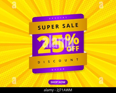 Farbenfrohe Werbebanner 25 % Rabatt. Gelber abstrakter Hintergrund mit Super Sale 25 Prozent Rabatt auf Angebotsnachricht. Werbebanner für Preisnachlässe Stock Vektor