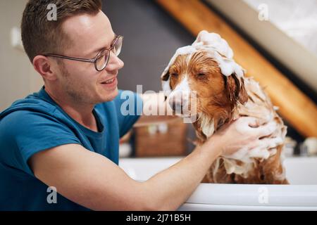Hund nimmt Bad zu Hause. Baden von Nova Scotia Duck Tolling Retriever. Stockfoto