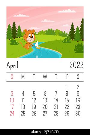 Designvorlage. Kalender für 2022, April. Ein niedlicher Cartoon-Tiger startet ein Boot in einem Bach im Wald. Frühlingslandschaft. Das Symbol des Jahres. Anima Stock Vektor