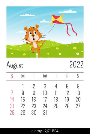 Design-Vorlage für den Kalender für 2022, August. Niedliche Cartoon Tiger läuft mit einem Drachen auf dem Feld. Sommerlandschaft. Das Symbol des Jahres. Tier Stock Vektor