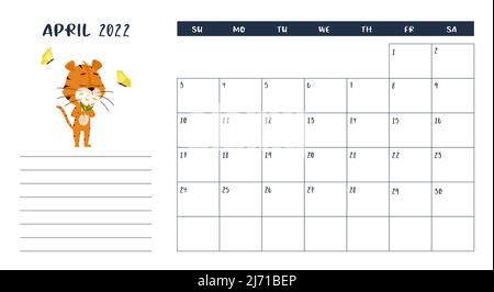 Horizontale Desktop-Kalenderseite Vorlage für April 2022 mit einem Cartoon-Tiger-Symbol des chinesischen Jahres. Die Woche beginnt am Sonntag. Tiger schnüffelt dais Stock Vektor