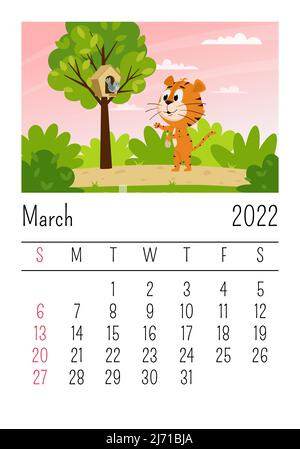 Design-Vorlage für den Kalender für 2022, März. Niedlicher Cartoon-Tiger füttert einen Vogel im Wald. Frühlingslandschaft. Das Symbol des Jahres. Tierchar Stock Vektor