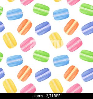 Nahtloses Muster mit leuchtend bunten Makronen-Kuchen. Süßes Essen. Helle leckere farbige flache Cartoon-Vektor-Elemente auf einem weißen Hintergrund Stock Vektor