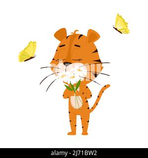 Tiger schnüffelt Gänseblümchen, Schmetterlinge fliegen nette Zeichentrickfigur. Der Tiger ist das Symbol des Jahres 2022. Vektorgrafik für Kinder. Isoliert ein Stock Vektor