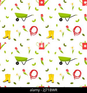Nahtloses Muster mit Gartengeräten, Stiefeln, Gießkanne, Schubkarre, Schlauch und roten Tulpen und Narzissen. Einfache Farbe flach Cartoon Vektor illustrat Stock Vektor