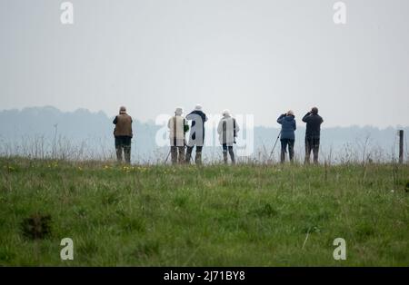 Eine Gruppe Vogelbeobachter (Twitcher) versammelt sich auf der Suche nach einem gemeldeten Kranichpaar, das auf der Salisbury Plain, Wiltshire, Salisbury Plain, aufsucht Stockfoto