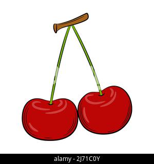 Kirsche, süße Kirsche, Beere im linearen Stil. Farbenfrohes Vektor-Dekorationselement, von Hand gezeichnet. Stock Vektor