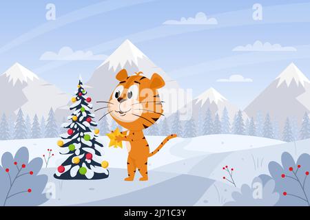 Niedlicher Cartoon Tiger schmückt den Weihnachtsbaum im Wald. Winterlandschaft mit Bergen. Tierischer Charakter. Das Symbol des Jahres. Farbvektor Stock Vektor
