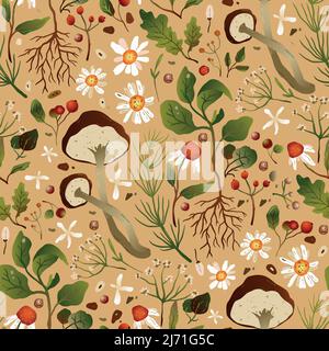 Pilz Wald botanische Zeichnung Herbst natürlich nahtlose Muster. Vektorgrafik Stock Vektor