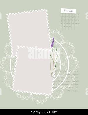 Juni 2022 Kalender mit Rezept To-Do-Liste Erinnerung leer, Scrapbooking Collage Vintage-Stil, Lavendel handgezeichnete Aquarell-Illustration. Vektorgrafik Stock Vektor