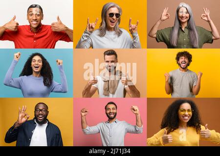 Collage aus Fotos mit fröhlichen, aufgeregten, multirassischen Menschen, die den Sieg feiern und mit Triumphgesten die Fäuste erheben. Glückliche Männer und Frauen freuen sich über ihre Ziele Stockfoto