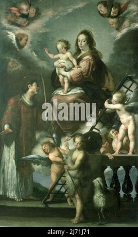 Madonna mit Kind und dem Kleinkind des heiligen Johannes des Täufers und des heiligen Laurentius und der Engel, 1629 von Strozzi, Bernardo (1581-1644); 315x193 cm; Chiesa dei Sordomuti, Genua, Italien; Italienisch, urheberrechtlich geschützt. Stockfoto