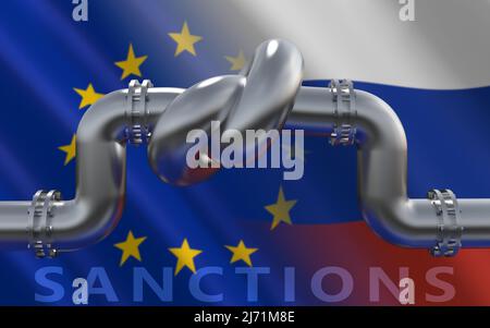 Kraftstoffgasleitung mit einem Knoten vor dem Hintergrund der Flaggen der Europäischen Union und Russlands. Wirtschaftssanktionen der EU. Energieembargo. Ölimport Export f Stockfoto