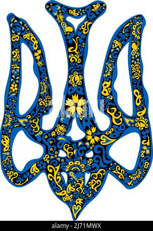 Stilisiertes ukrainisches Nationalwappen-Dreizack-Trident in ukrainischen Flaggen-Farben und traditionellem Ethnischen Muster auf Schwarz Stock Vektor