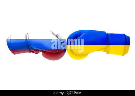 3D Illustration Flaggen Russlands und der Ukraine auf Boxhandschuhen isoliert auf weißem Hintergrund. Stockfoto