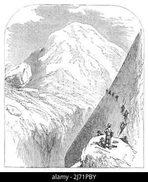 Menschen, die den Mont-Blanc-Berg besteigen, eine Vintage-Gravur aus dem antiken Buch „Nature's Wonders“, das 1867 in London, Großbritannien, veröffentlicht wurde. Stockfoto