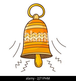Eine klingelnde gelbe kleine Glocke. Designelement mit Umriss. Doodle, handgezeichnet. Flaches Design. Darstellung von Farbvektoren. Isoliert auf weißem Hintergrund Stock Vektor