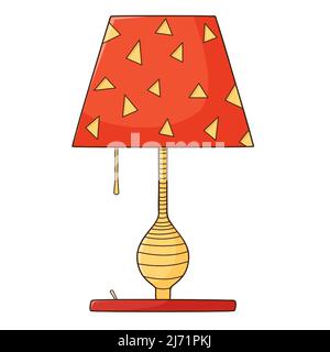 Eine Tischleuchte mit rotem Schirm. Elektrische Beleuchtungseinrichtung. Designelement mit Umriss. Doodle, handgezeichnet. Flaches Design. Darstellung von Farbvektoren. Isol Stock Vektor
