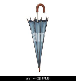 Gefalteter blauer Regenschirm. Designelement mit Umriss. Herbstthema. Doodle, handgezeichnet. Flaches Design. Darstellung von Farbvektoren. Isoliert auf weißem Hintergrund Stock Vektor