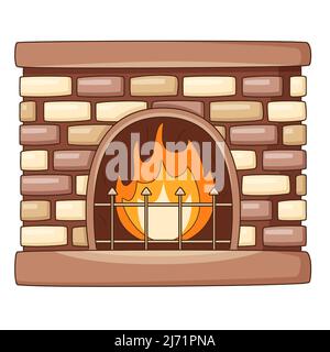 Haus gemauerter Kamin mit einem brennenden Feuer. Gemütliches Zuhause, ein Symbol des Herbstes. Designelement mit Umriss. Doodle, handgezeichnet. Flaches Design. Farbvektor il Stock Vektor