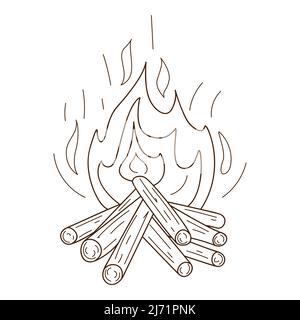 Ein Holzfeuer. Camping, Picknick, brennende Flamme. Dekoratives Element mit Umriss. Doodle, handgezeichnet. Schwarz-weiße Vektorgrafik. Isola Stock Vektor