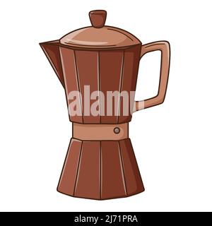 Kaffeekocher, Geysir-Kaffeemaschine. Türke für Kaffee, Küchenausstattung. Designelement mit Umriss. Doodle, handgezeichnet. Flaches Design. Farbvektorillust Stock Vektor