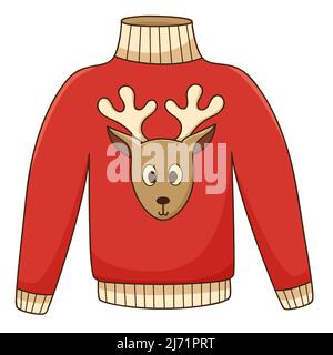 Rote Jacke mit einem süßen Hirsch. Ein warmer Pullover. Herbstkleidung. Designelement mit Umriss. Herbstthema. Doodle, handgezeichnet. Flaches Design. Farbvektor Stock Vektor