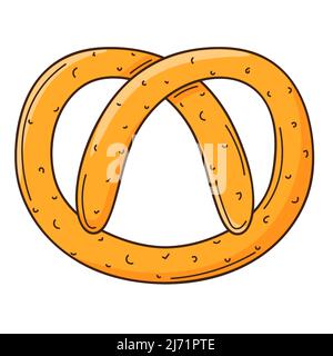 Brezel. Backwaren. Design-Element für Lebensmittel mit Umriss. Doodle, handgezeichnet. Flaches Design. Darstellung von Farbvektoren. Isoliert auf weißem Hintergrund. Stock Vektor