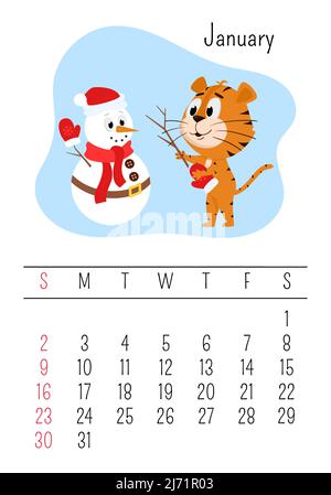 Vertikale Wand Kalender Seite Vorlage für Januar 2022 mit dem chinesischen Jahr Symbol Cartoon Tiger. Die Woche beginnt am Sonntag. Tiger macht einen Schneemann. Stock Vektor