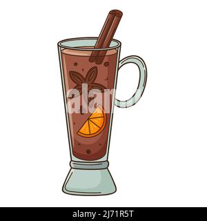 Ein Glas Glühwein mit Orange, Zimt und Sternanise. Ein heißes, wärmendes Getränk. Designelement mit Umriss. Doodle, handgezeichnet. Flaches Design.Farbe Stock Vektor