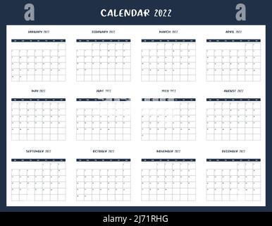 Kalender für 2022. Die Woche beginnt am Sonntag. Alle Monate. Design der Kalendervorlage. Vektor Stock Vektor