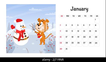 Horizontale Desktop-Kalender-Seite Vorlage für Januar 2022 mit dem chinesischen Jahr Symbol Cartoon Tiger. Die Woche beginnt am Sonntag. Tiger macht Schneemann Stock Vektor