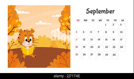 Horizontale Desktop-Kalenderseite Vorlage für September 2022 mit einem Cartoon chinesischen Jahr Symbol. Die Woche beginnt am Sonntag. Tiger liest ein Buch unter einem Stock Vektor