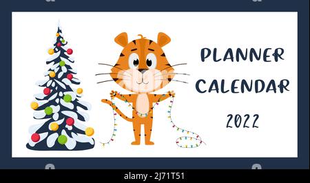 Das Cover des horizontalen Desktop-Kalenders für 2022. Das Symbol des Jahres im chinesischen Kalender. Das Jahr des Tigers. Tiger steht Stock Vektor