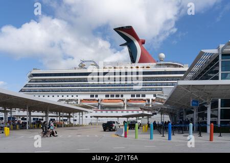 Miami, FL, USA - 2. Januar 2022: Carnival Freedom Cruise Terminal in Miami, USA. Stockfoto