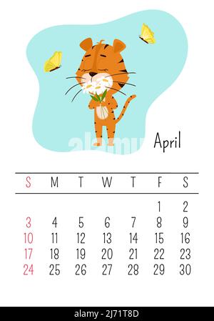 Vertikale Wand Kalenderseite Vorlage für April 2022 mit einem Cartoon-Tiger-Symbol des chinesischen Jahres. Die Woche beginnt am Sonntag. Tiger schnüffelt Gänseblümchen. Stock Vektor