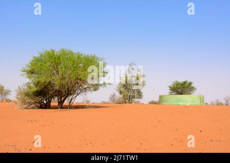 Windturbine (Windmühle) und Wasserspeicher zur Gewinnung von Grundwasser aus unterirdischen Grundwasserleitern mittels Bohrlöchern, Kalahari-Wüste, Namibia, Afrika ... Stockfoto