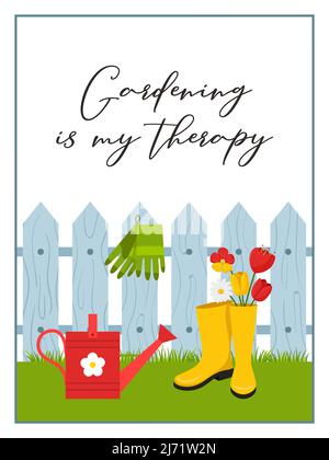 Rechteckige vertikale Postkarte mit einem Zaun, Gießkanna, Gummistiefeln, Handschuhen, Tulpen. Worte-Gartenarbeit ist meine Therapie. Farbvektordarstellung auf einem Stock Vektor