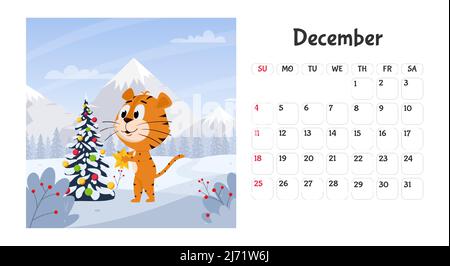 Horizontale Desktop-Kalenderseite Vorlage für Dezember 2022 mit einem Cartoon chinesischen Jahr Symbol. Die Woche beginnt am Sonntag. Tiger kleidet sich eine Christma Stock Vektor